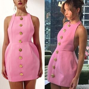 Elegant Pink Halter Dress with Gold Button Accents